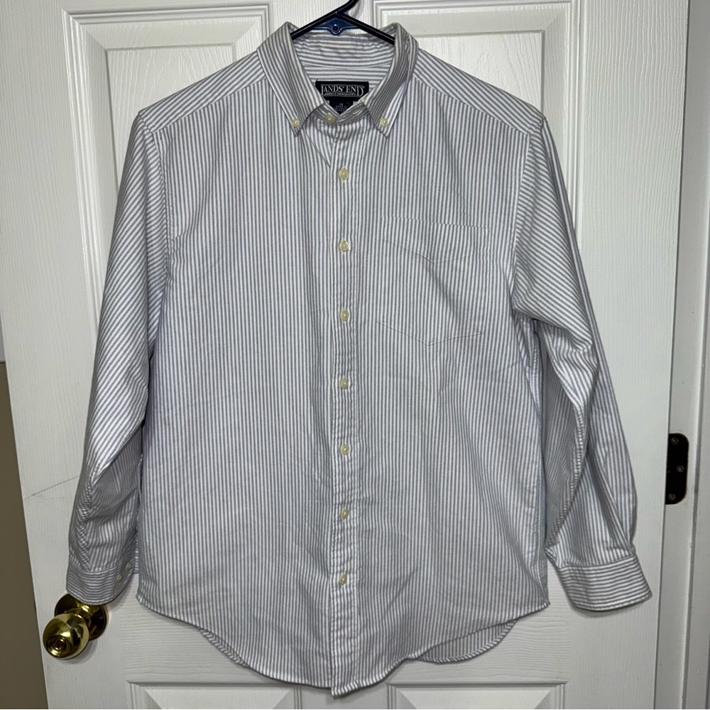 Lands End Oxford Button Down Dress Shirt White Blue Striped Long Sleeve Sz 14